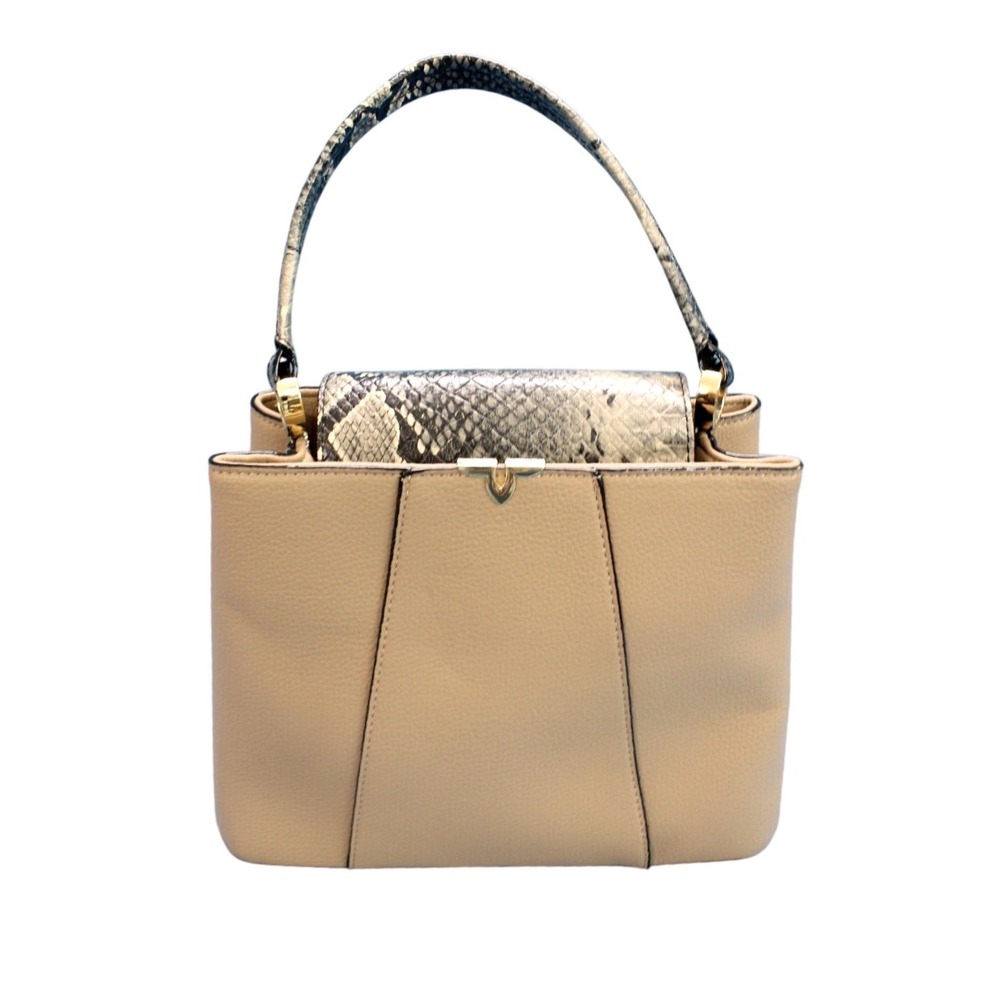 KATE LANDRY Tan FAUX PEBBLE LEATHER Snake Print Trim POCKETS Lined TOTE/BAG
